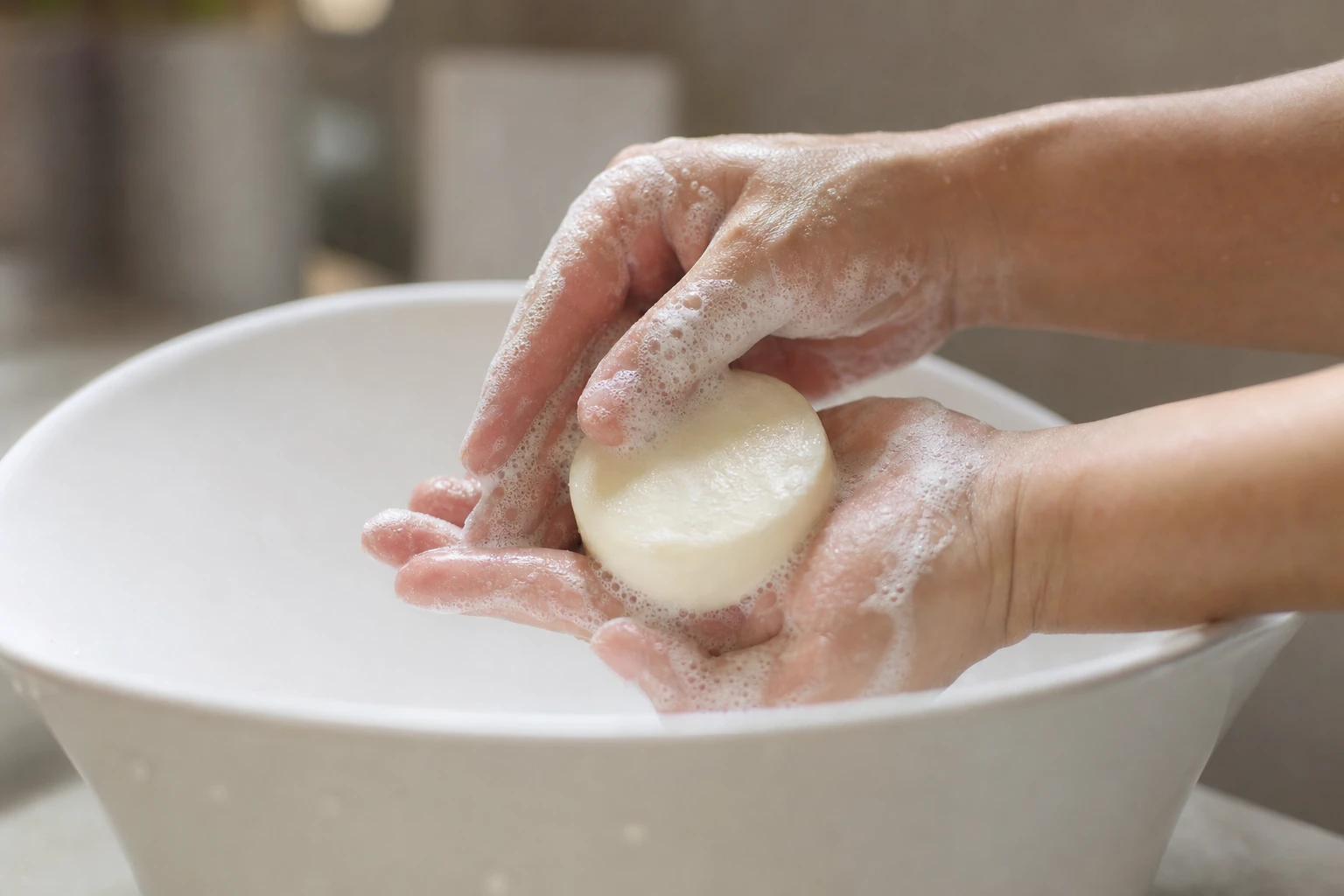 Deux mains font mousser un galet solide clair au-dessus d'une vasque blanche, mousse dense et fine sur les doigts, arrière-plan de salle de bain flou