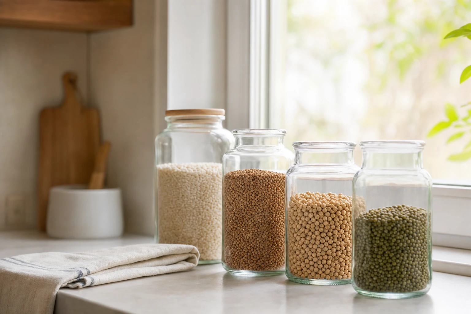Plan de travail de cuisine clair avec quelques bocaux en verre remplis de céréales et un torchon en lin plié, près d'une fenêtre