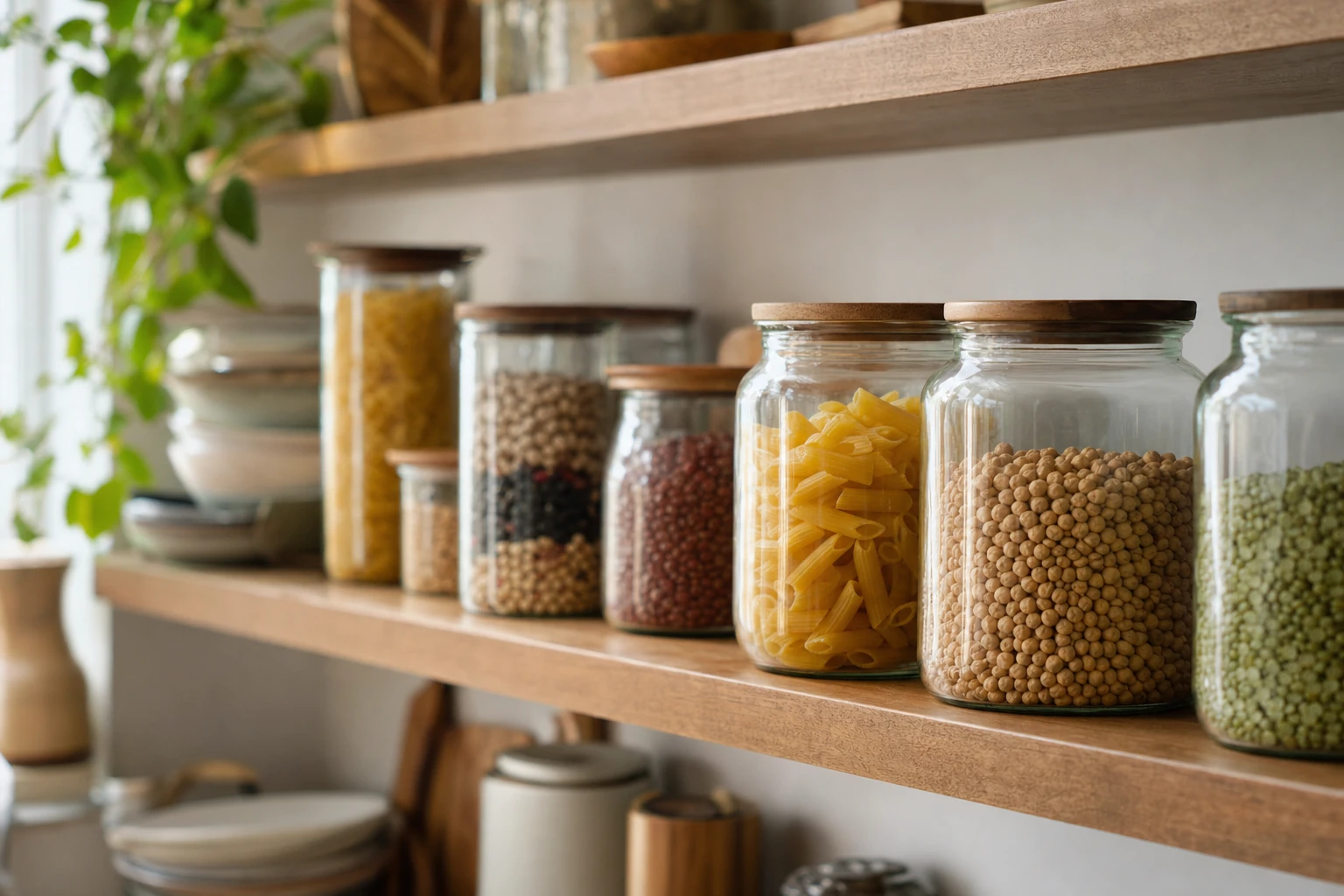 Étagère de cuisine avec des bocaux en verre de tailles différentes alignés, contenant des légumes secs et des pâtes, lumière du jour