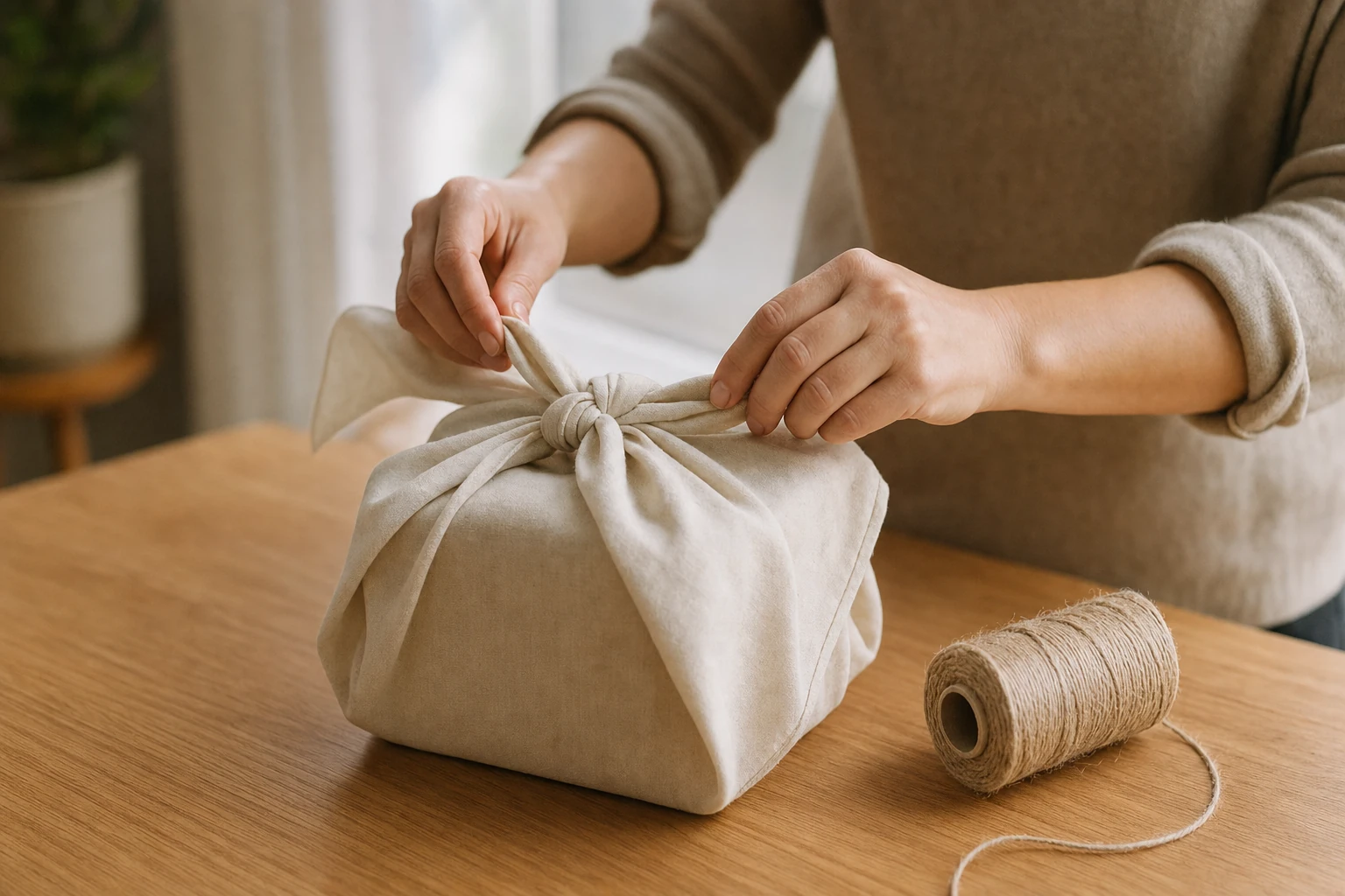 Deux mains nouant un carré de tissu autour d'un objet posé sur une table en bois clair, à côté d'une bobine de ficelle
