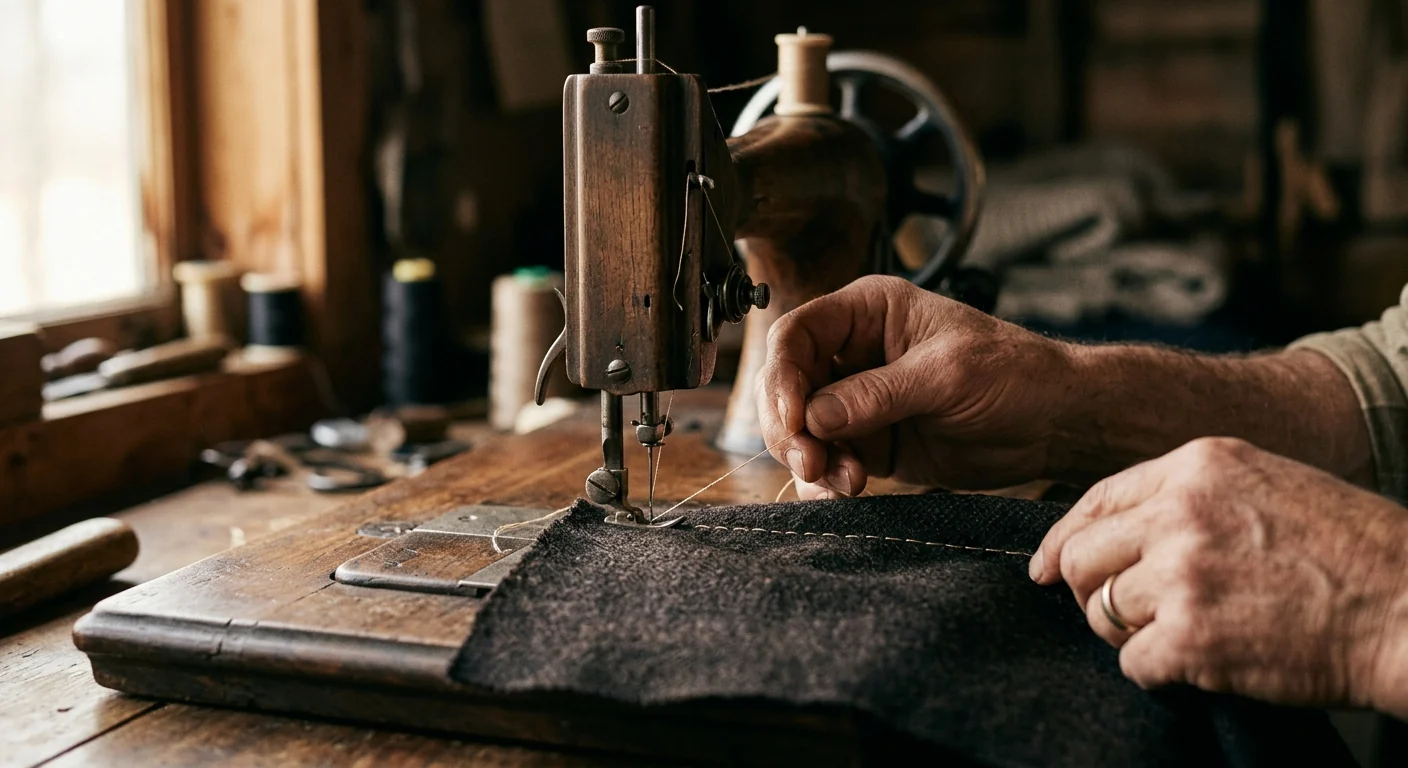Des mains expertes cousant avec soin un tissu sur une vieille machine à coudre en bois, sous une lumière douce qui met en valeur les points de couture et la texture du matériau, évoquant un savoir-faire artisanal et une attention méticuleuse aux détails.