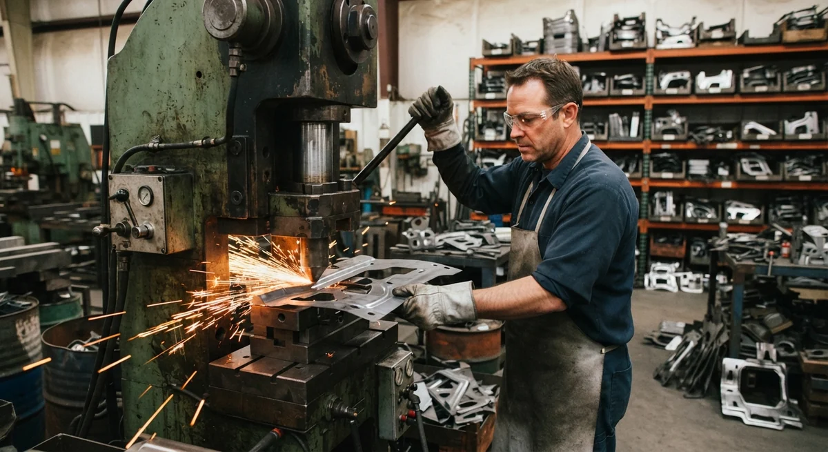Un ouvrier en atelier, ganté et portant des lunettes de protection, actionnant une presse métallique qui façonne une plaque de métal brute en une pièce précise. Des étincelles jaillissent de la machine, et l'arrière-plan montre des étagères remplies de pièces similaires à différents stades de fabrication.