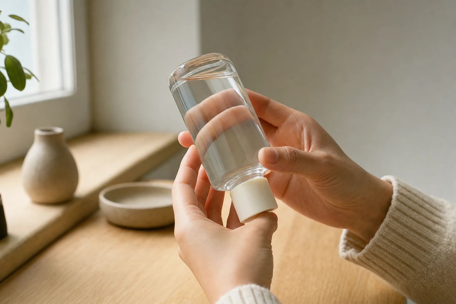 Deux mains tiennent un flacon de cosmétique retourné pour lire les mentions imprimées au dos, sur un plan de travail clair près d'une fenêtre