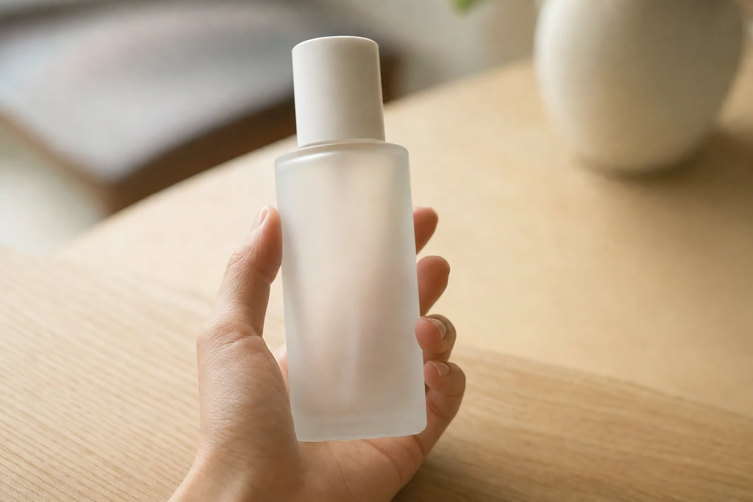 Détail rapproché du dos d'un flacon cosmétique posé sur une table en bois clair, tenu par une main, dans une lumière naturelle douce