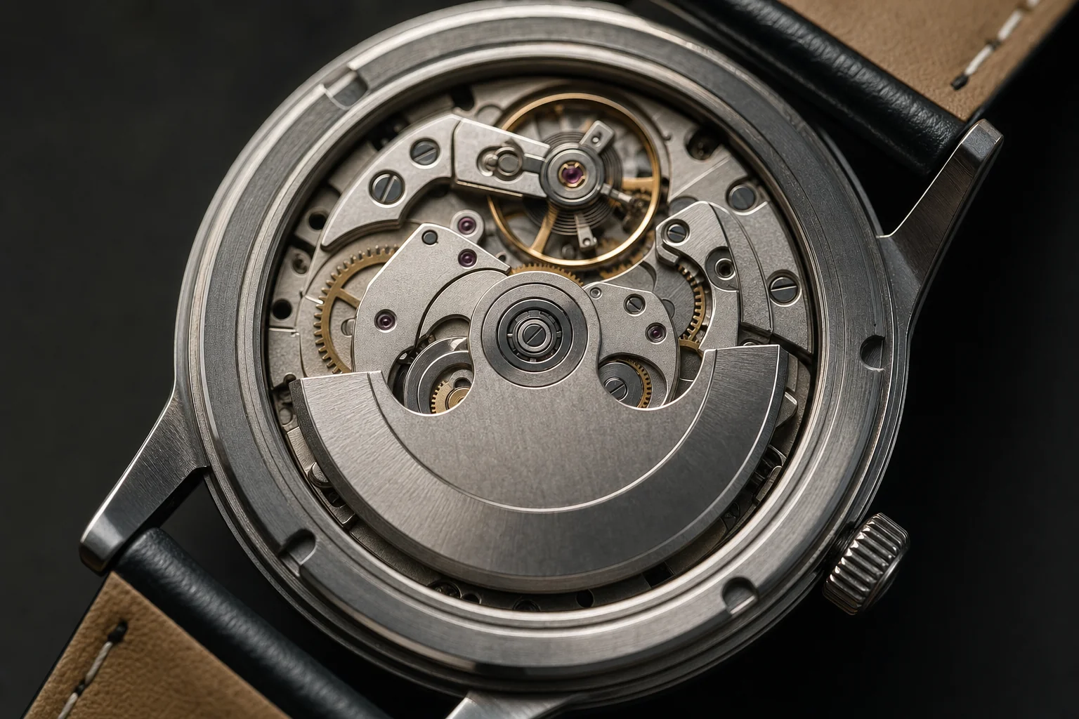 Gros plan sur le fond ouvert d'une montre mécanique montrant la masse oscillante et les ponts du mouvement, sans marque visible
