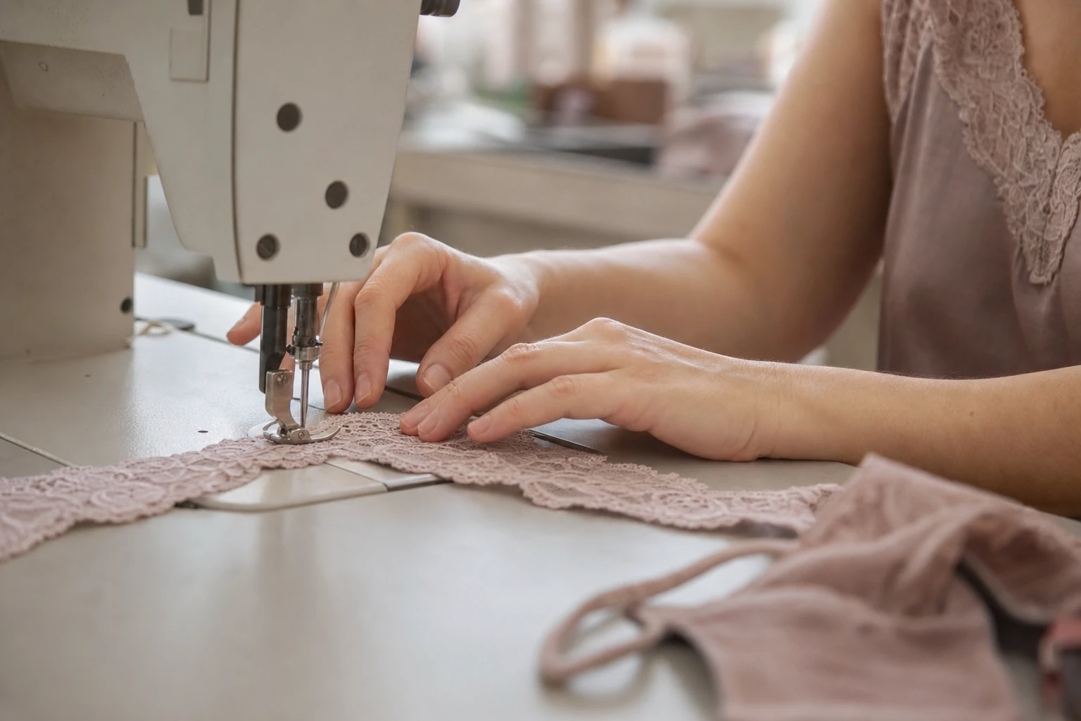 Mains d'une couturière guidant une bande de dentelle claire sous l'aiguille d'une machine à coudre, dans un atelier de lingerie