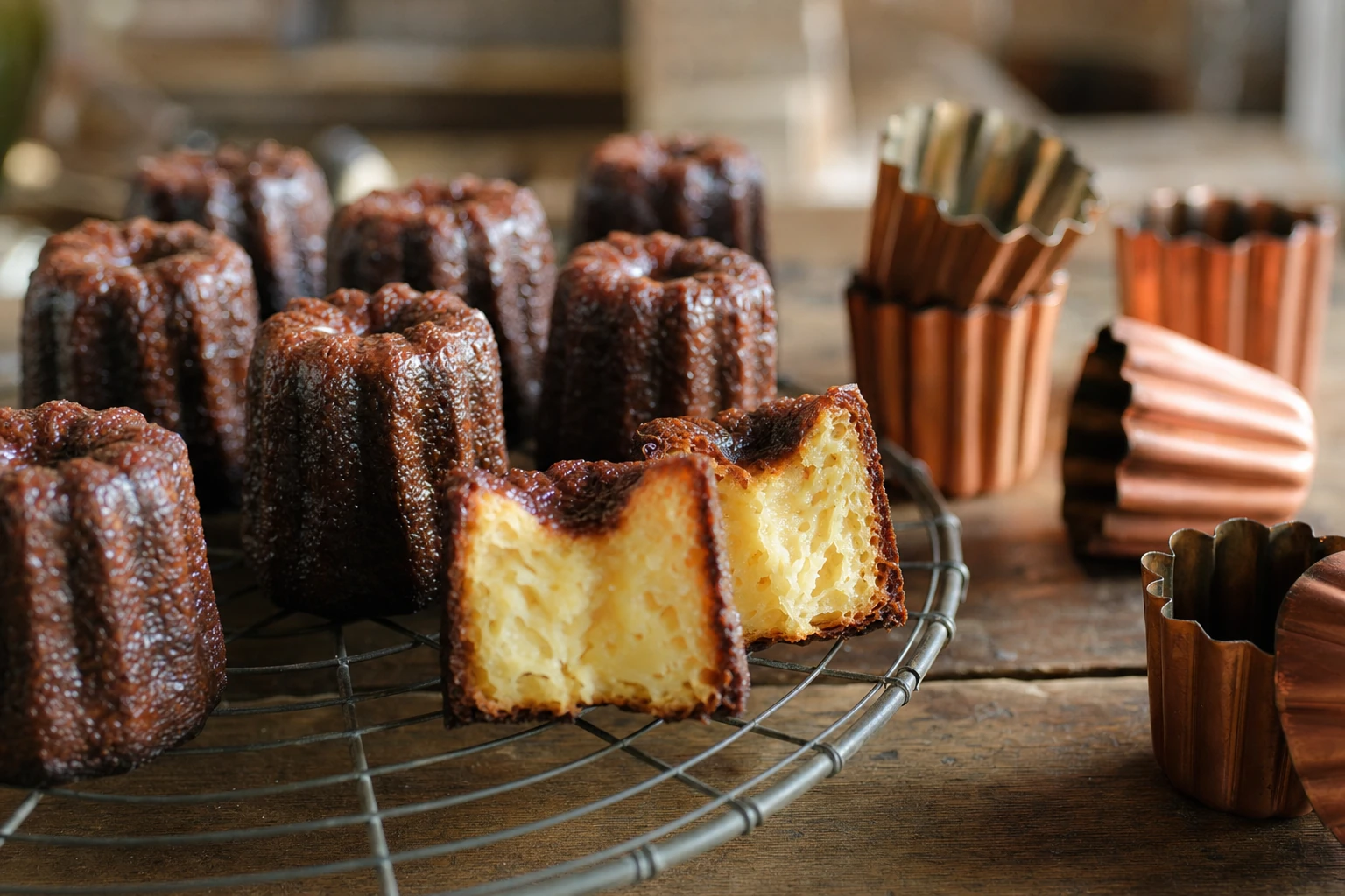Canelés démoulés posés sur une grille en métal, croûte brune très foncée et cannelures marquées, à côté de plusieurs moules en cuivre vides