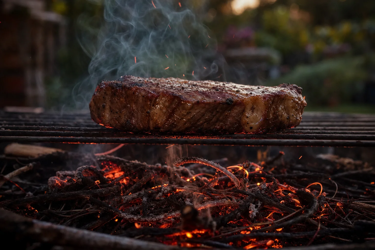 Braises de sarments de vigne rougeoyantes sous une grille métallique, avec une épaisse pièce de bœuf en train de griller au-dessus