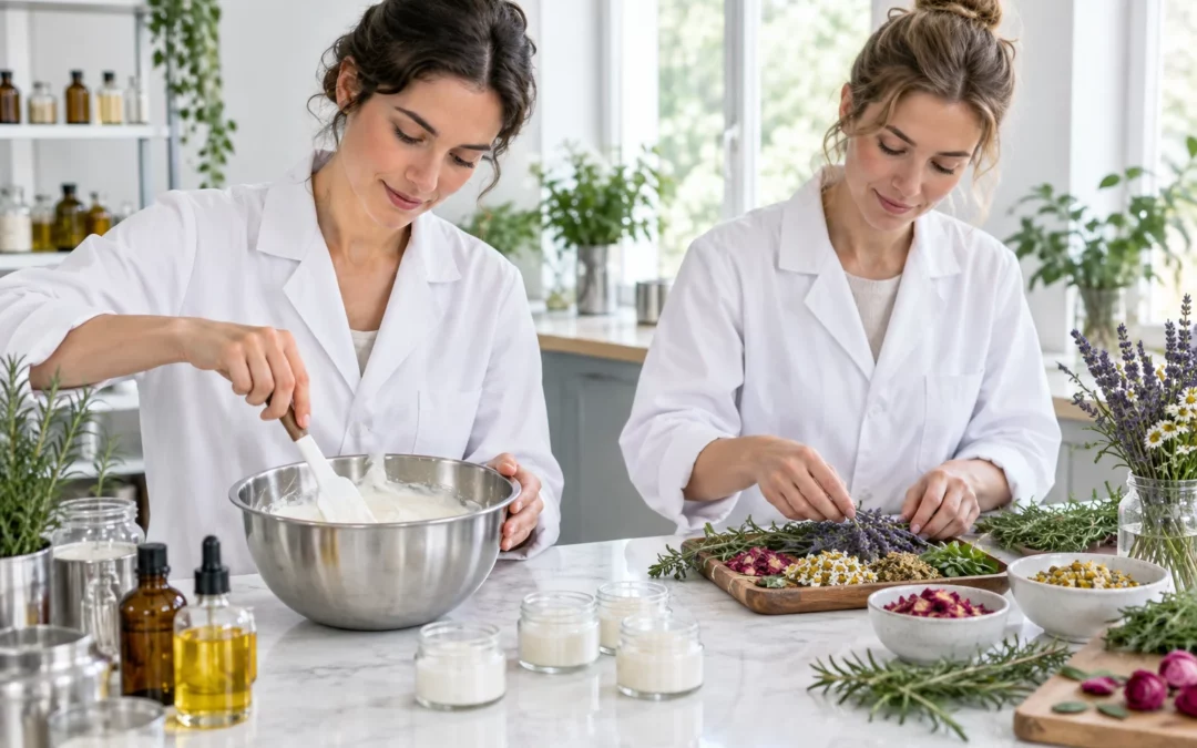 Deux artisans préparent une crème dans un atelier lumineux, entre bol en inox et ingrédients botaniques.