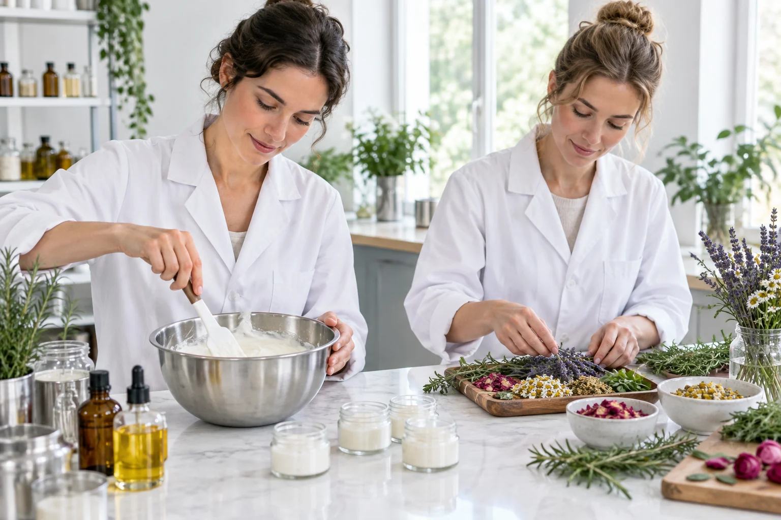 Deux artisans préparent une crème dans un atelier lumineux, entre bol en inox et ingrédients botaniques.