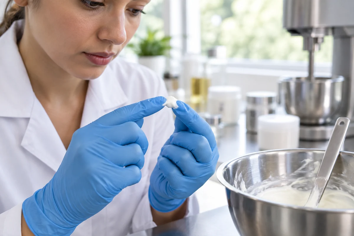 Une personne teste la texture d’une crème entre ses doigts, près d’un bol en inox.