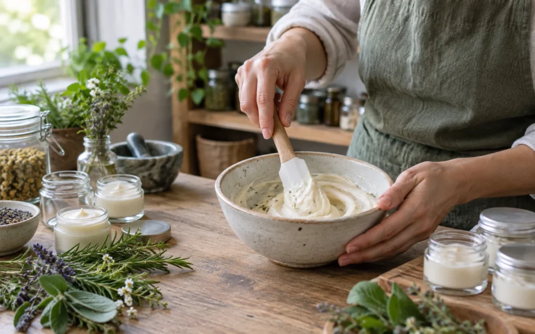 Des mains mélangent une crème dans un bol, près de pots en verre et de plantes, dans un atelier éclairé par la fenêtre.