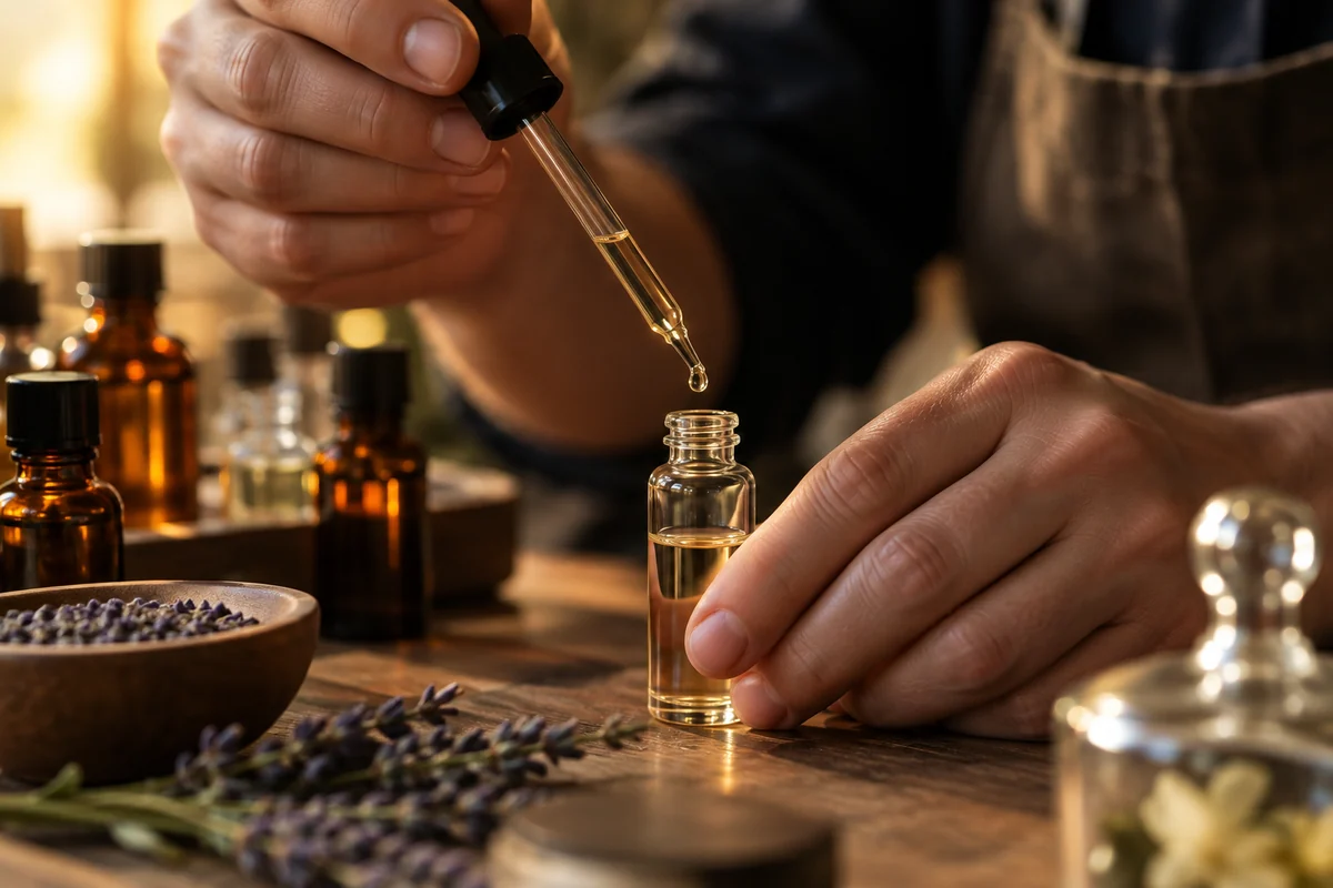 Une main dose des gouttes de parfum dans un flacon en verre, sur un établi d’atelier.