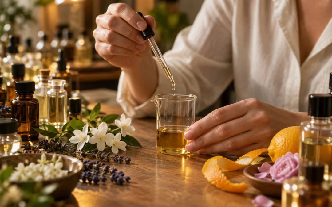 Des mains mélangent des essences à la pipette sur un établi entouré de fleurs et d’écorces.