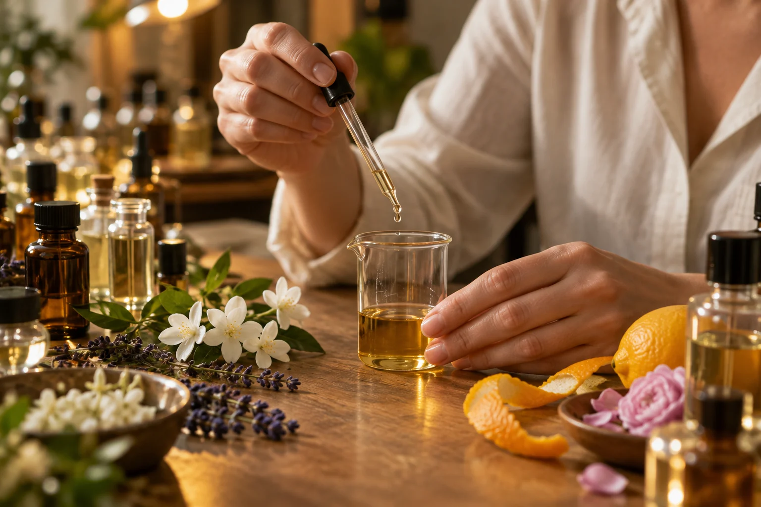 Des mains mélangent des essences à la pipette sur un établi entouré de fleurs et d’écorces.