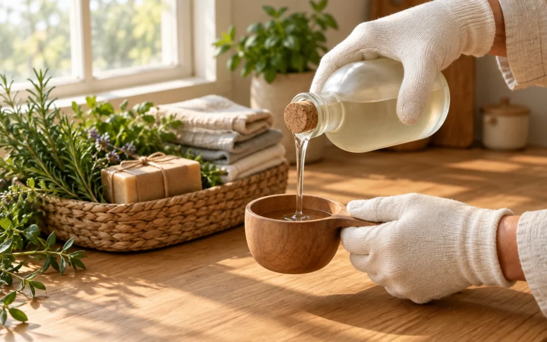 Mains versant un liquide transparent depuis un flacon en verre dans un doseur en bois.