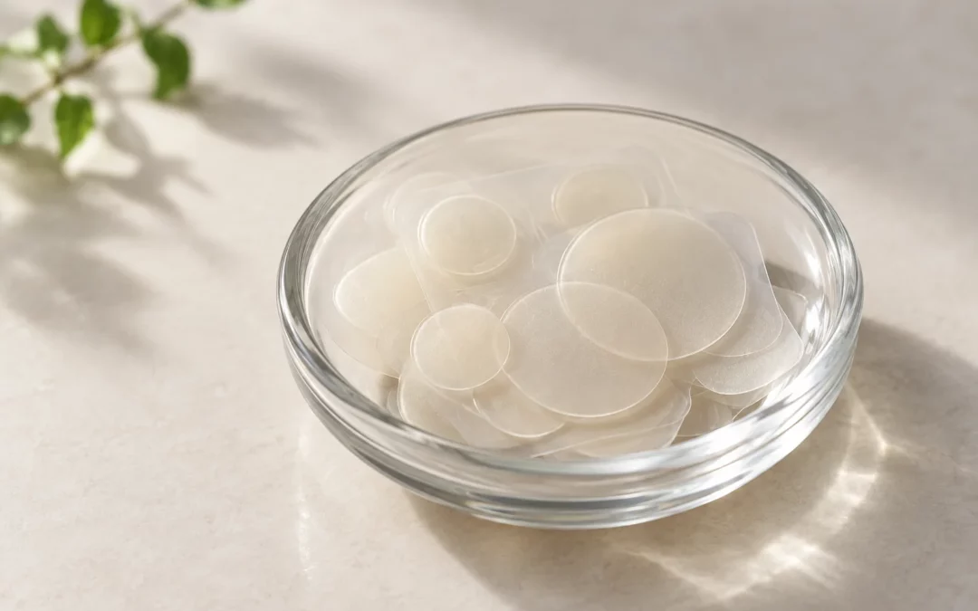Des patchs hydrocolloïdes transparents sont disposés dans une coupelle en verre sur une surface claire.