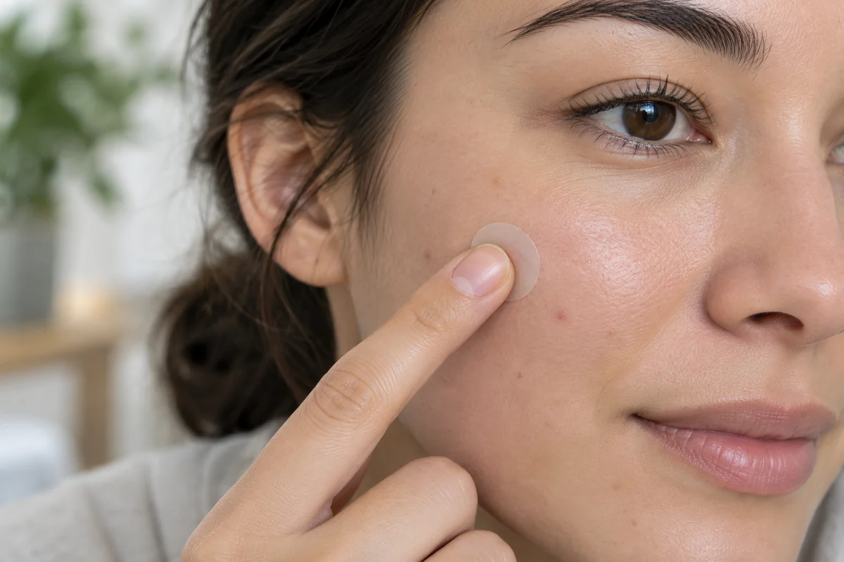 Une personne applique un patch transparent sur une imperfection de sa joue.