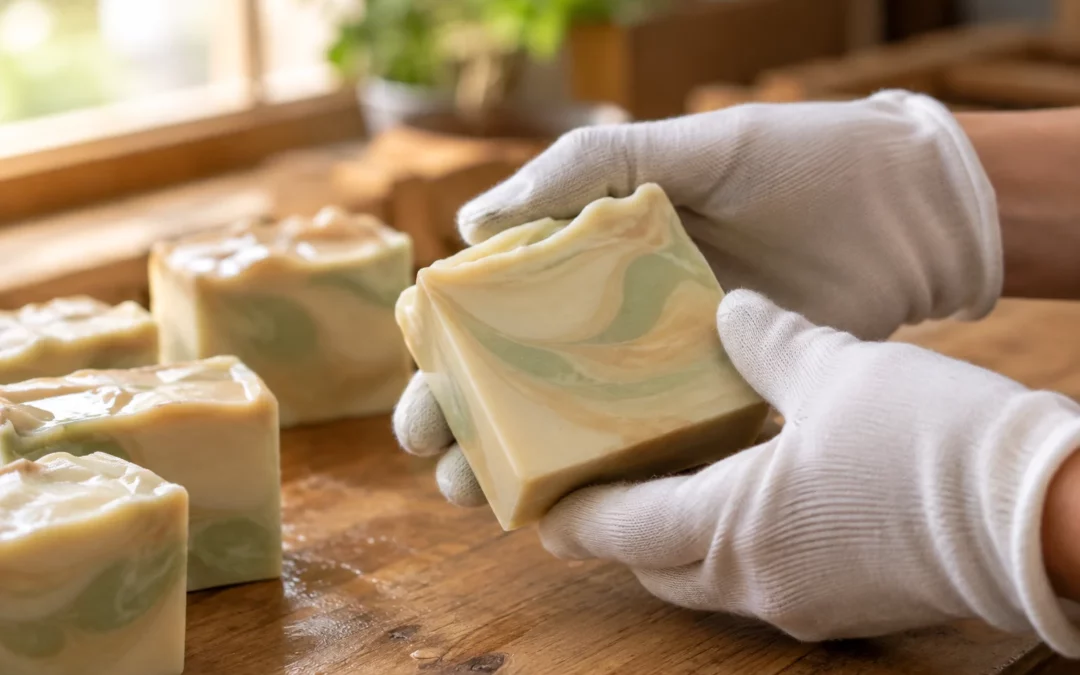 Mains gantées découpant un savon saponifié à froid sur un plan de travail en bois en France.