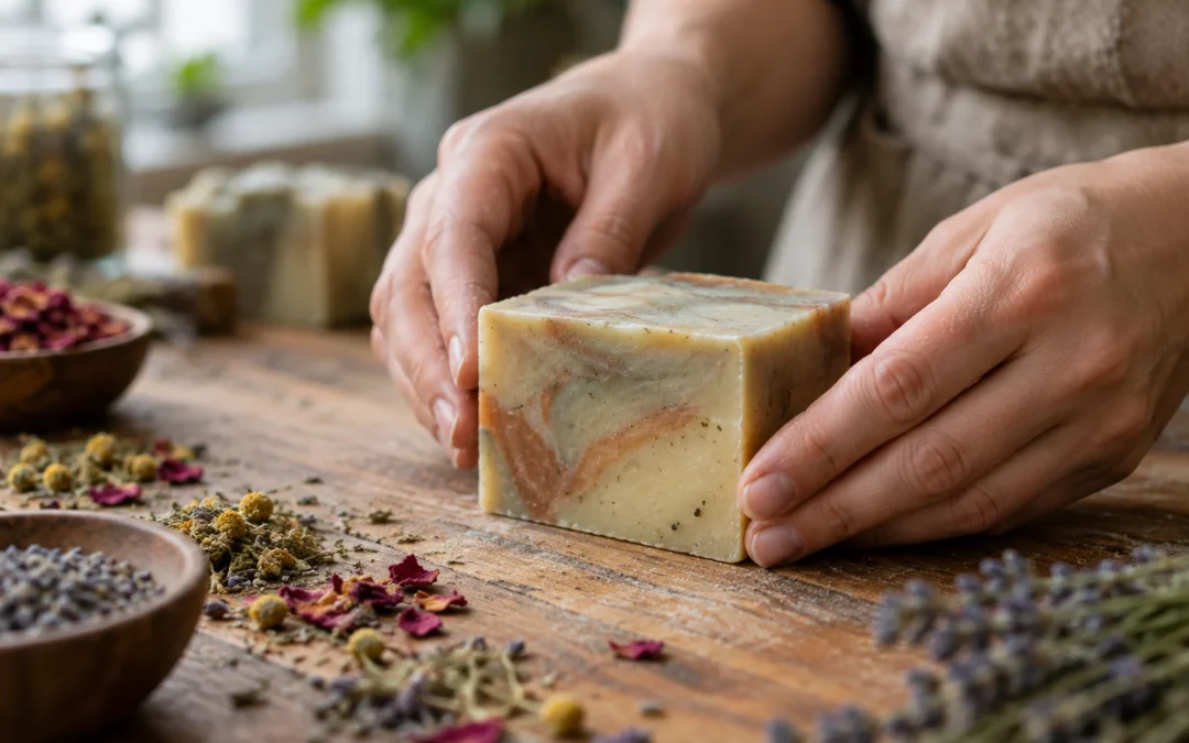 Mains façonnant un savon naturel sur un établi en bois, entouré d’herbes séchées et de pétales.