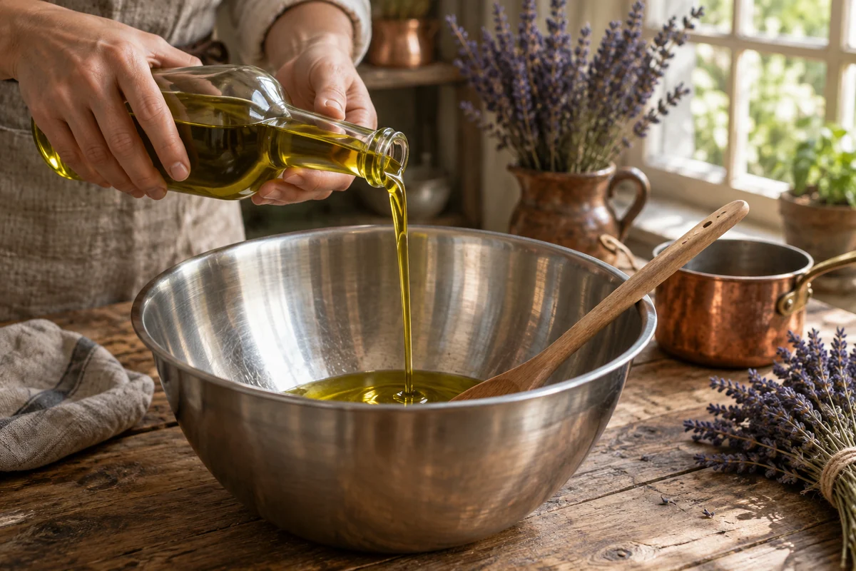 Versement d’huile d’olive dans un bol en inox, avec des brins de lavande séchée à proximité.
