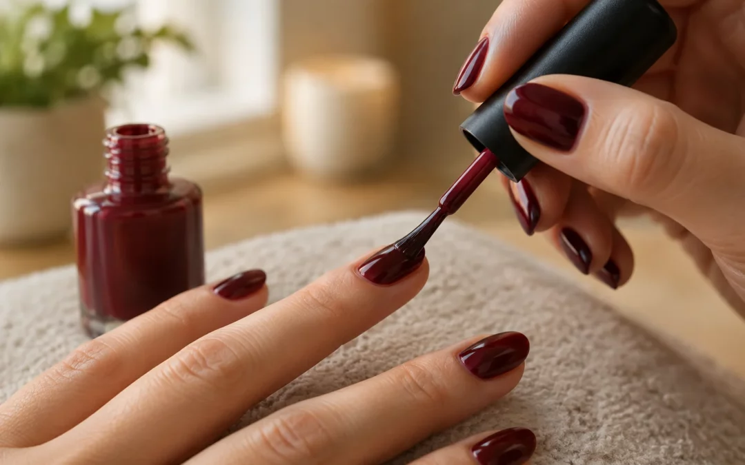 Une main applique du vernis bordeaux brillant sur un ongle, éclairée par une lumière douce.