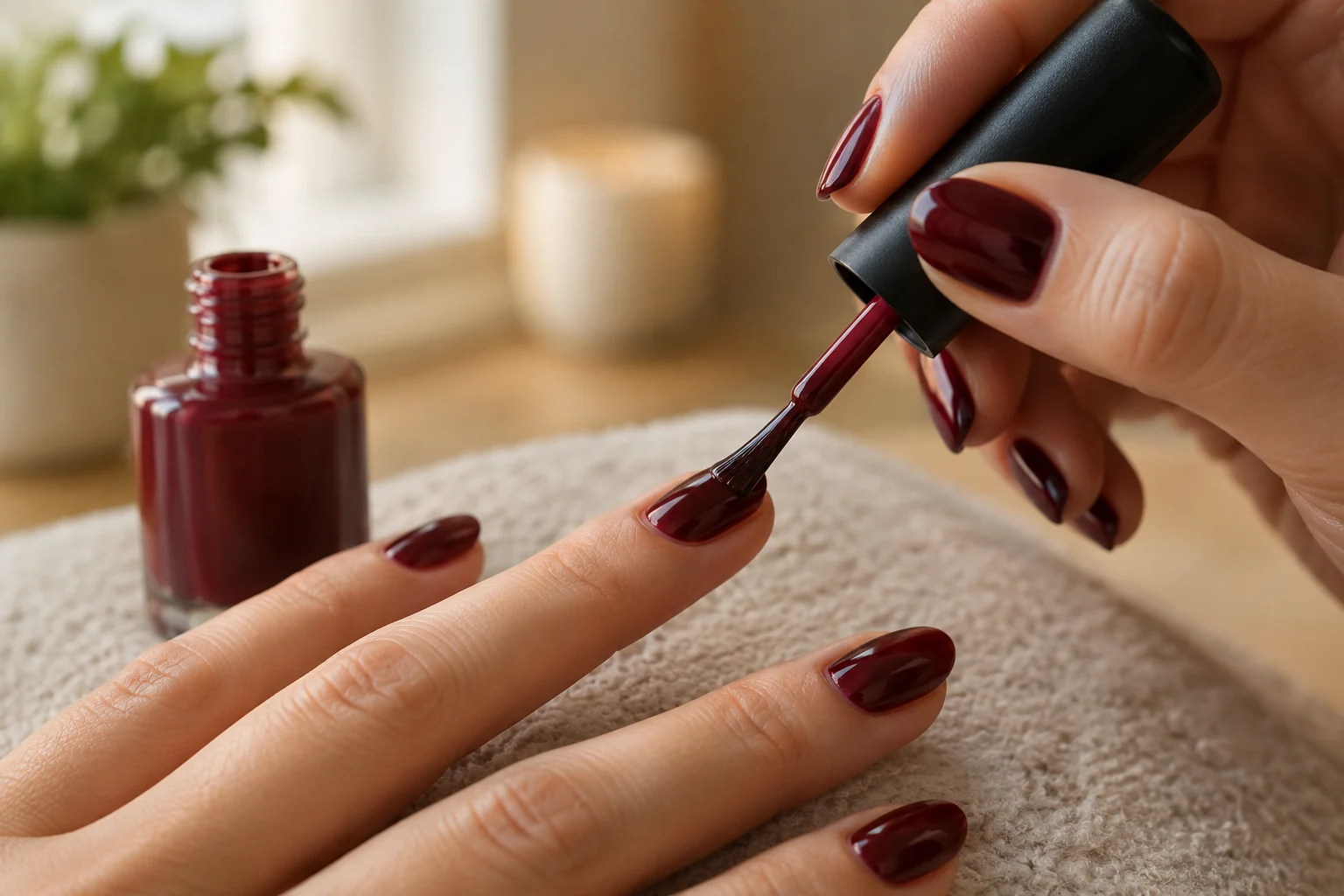 Une main applique du vernis bordeaux brillant sur un ongle, éclairée par une lumière douce.