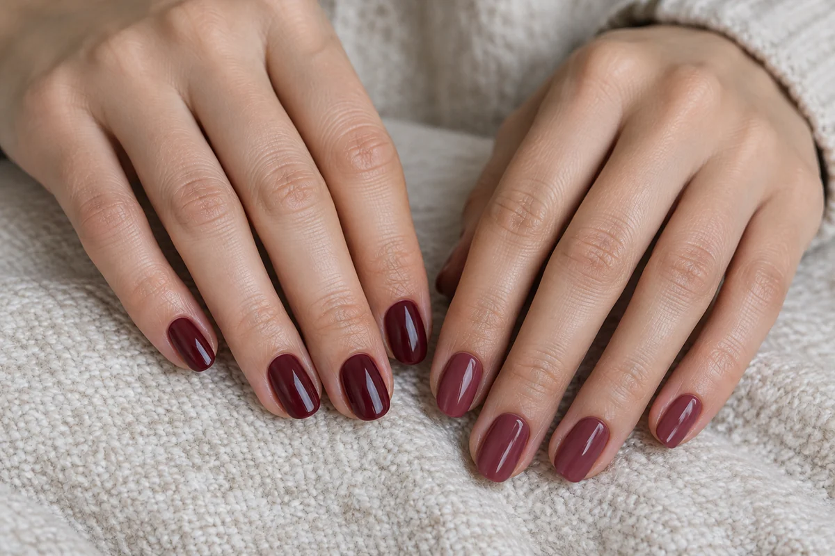 Deux mains côte à côte montrent des ongles vernis de nuances bordeaux légèrement différentes.